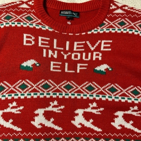 Ugly Christmas Sweater by Smart Living Believe in Your Elf Knit Fairisle Red Med - Picture 7 of 8